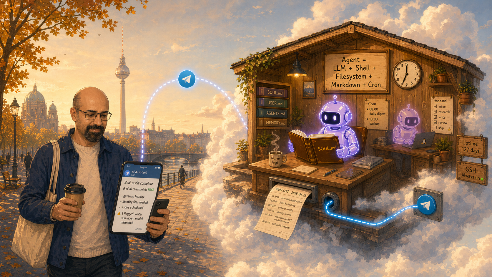 NAVis in operation — a man in autumn Berlin reading a self-audit report on his phone, beside a wooden shed in the clouds where two friendly robots tend to identity files, a run log, and a Telegram pipe.